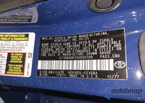 2025 Toyota Camry Xle z USA, uszkodzony, nr VIN 4T1DBADK3SU026709